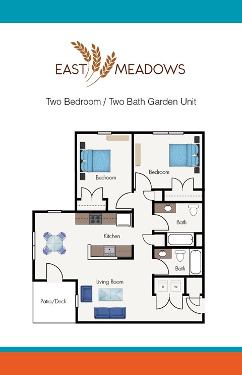 A floor plan of a two bedroom, two bath garden unit.